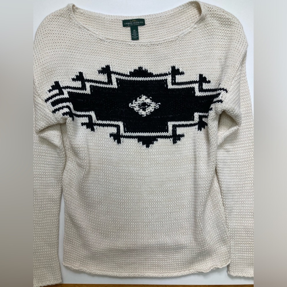 Ralph Lauren Cream Scoop Neck Sweater with Black Aztec Motif
